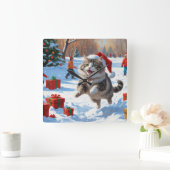 Sibirische Katze läuft im Schnee mit Weihnachtsmüt Quadratische Wanduhr (Zuhause)