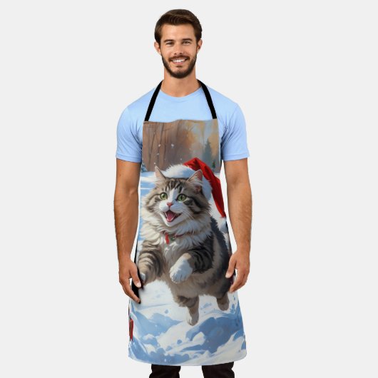 Sibirische Katze läuft im Schnee mit Weihnachtsmüt Schürze (Getragen)