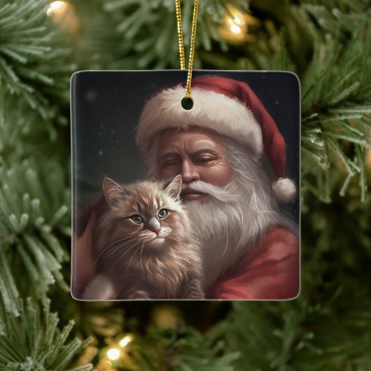 Sibirische Katze mit Weihnachtsmann Weihnachten Keramikornament (Baum)
