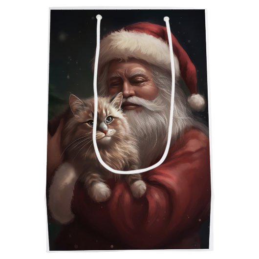 Sibirische Katze mit Weihnachtsmann Weihnachten Mittlere Geschenktüte (Rückseite)