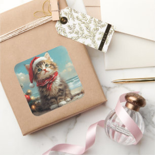 Sibirische Katze Weihnachten Vintage Strand Quadratischer Aufkleber
