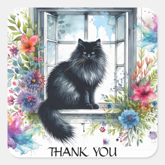 Sibirische Schwarzkatze im Fenster Sommerferien-Bl Quadratischer Aufkleber (Vorderseite)