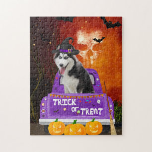sibirischer Huskhund im Halloween-Lkw Puzzle