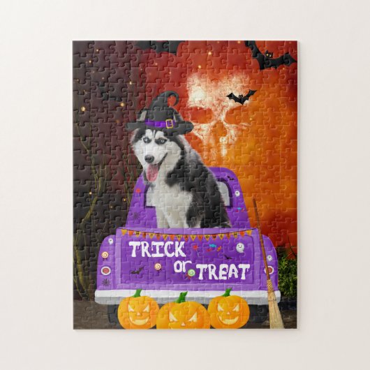 sibirischer Huskhund im Halloween-Lkw Puzzle (Vertikal)