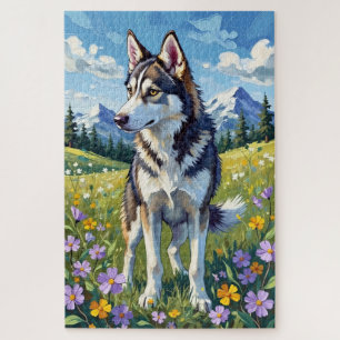 Sibirischer Husky Frühjahrs-Wildblumenwiese Hund Puzzle