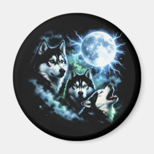 Sibirischer Husky heult den Mond an – Nachthimmel  Magnet