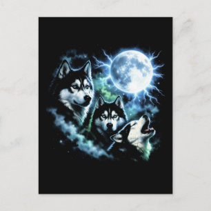 Sibirischer Husky heult den Mond an – Nachthimmel Postkarte
