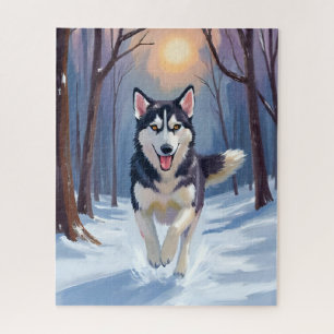 Sibirischer Husky-Hund Gemälde Winterkunst Puzzle