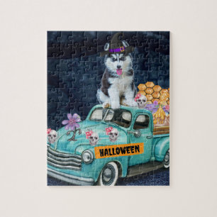 Sibirischer Husky Hund Halloween LKW Gruselige Nac Puzzle