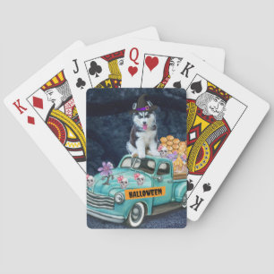 Sibirischer Husky Hund Halloween LKW Gruselige Nac Spielkarten