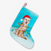 Sibirischer Husky-Hund im Schnee mit Weihnachtsman Kleiner Weihnachtsstrumpf (Vorderansicht (hängend))