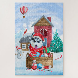 Sibirischer Husky-Hund im Schnee Weihnachtshundeha Puzzle