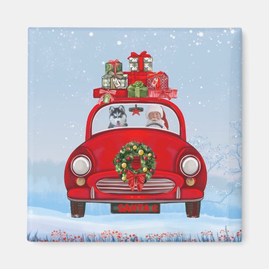 Sibirischer Husky-Hund in Auto mit dem Weihnachtsm Magnet (Vorne)