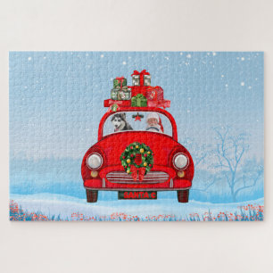 Sibirischer Husky-Hund in Auto mit dem Weihnachtsm Puzzle