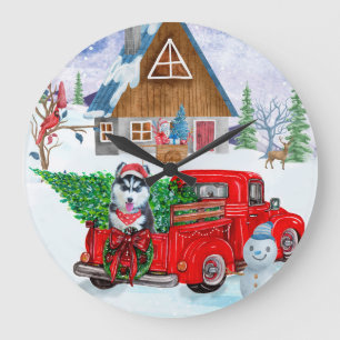 Sibirischer Husky-Hund in Weihnachtslieferwagen Große Wanduhr