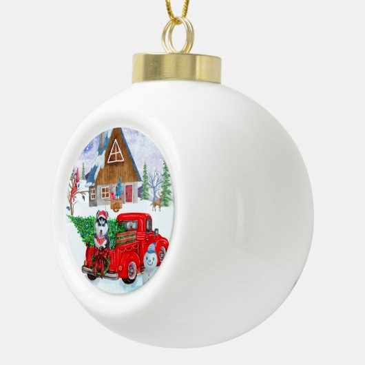 Sibirischer Husky-Hund in Weihnachtslieferwagen Keramik Kugel-Ornament (Rechts)