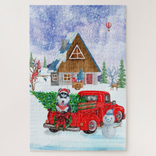 Sibirischer Husky-Hund in Weihnachtslieferwagen Puzzle
