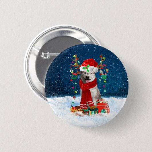 Sibirischer Husky-Hund mit Weihnachtsgeschenken Button (Vorne & Hinten)