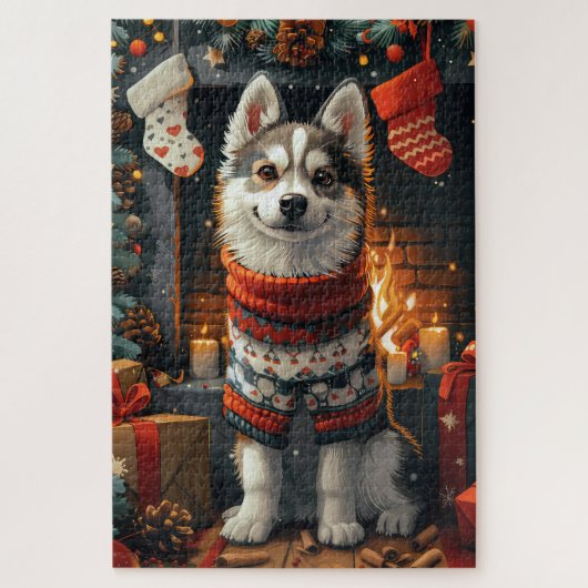 Sibirischer Husky-Hund mit Weihnachtsgeschenken Ka Puzzle (Vertikal)