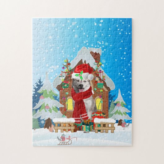 Sibirischer Husky-Hund mit Weihnachtsgeschenken Puzzle (Vertikal)
