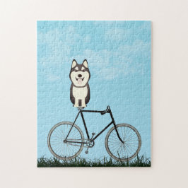 Sibirischer Husky-Hund sitzend auf Vintagem Fahrra Puzzle