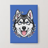 Sibirischer Husky-Hund und Berglorbeerblüte Button (Vorderseite)