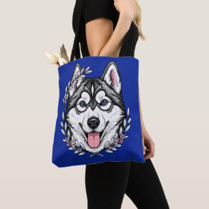 Sibirischer Husky Hund und Berglorbeerblüte Tasche