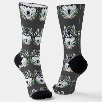 Sibirischer Husky-Hund und Berglorbeerblüten Socken