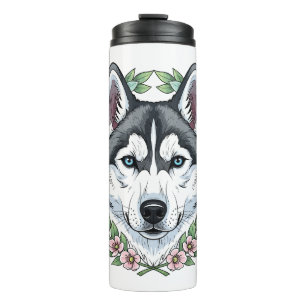 Sibirischer Husky-Hund und Berglorbeerblüten Thermosbecher