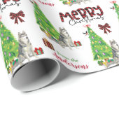 Sibirischer Husky-Hund, Vogel und Weihnachtsbaum Geschenkpapier (Rolleneckpunkt)