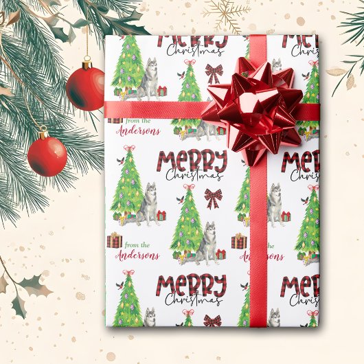 Sibirischer Husky-Hund, Vogel und Weihnachtsbaum Geschenkpapier