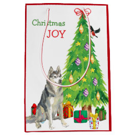 Sibirischer Husky-Hund, Vogel und Weihnachtsbaum Mittlere Geschenktüte