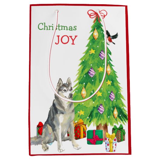 Sibirischer Husky-Hund, Vogel und Weihnachtsbaum Mittlere Geschenktüte (Vorderseite)