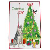 Sibirischer Husky-Hund, Vogel und Weihnachtsbaum Mittlere Geschenktüte (Rückseite)