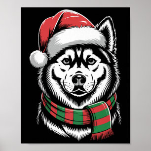 Sibirischer Husky Hund Weihnachten Santa Hut Schal Poster