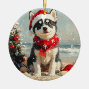 Sibirischer Husky Hund Weihnachten Vintage Strand Keramik Ornament