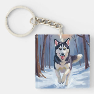 Sibirischer Husky Hundegemälde Winter Schlüsselanhänger