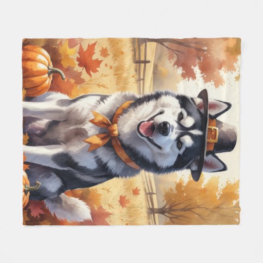 Sibirischer Husky im Herbst hinterlässt Erntedank  Fleecedecke (Vorderseite (Horizontal))