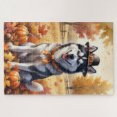 Sibirischer Husky im Herbst hinterlässt Erntedank Puzzle (Horizontal)