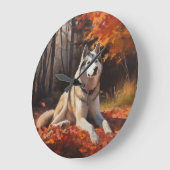 Sibirischer Husky im Herbstausfall Inspiriert Große Wanduhr (Winkel)