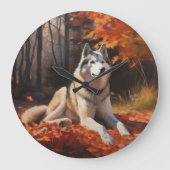 Sibirischer Husky im Herbstausfall Inspiriert Große Wanduhr (Vorderseite)