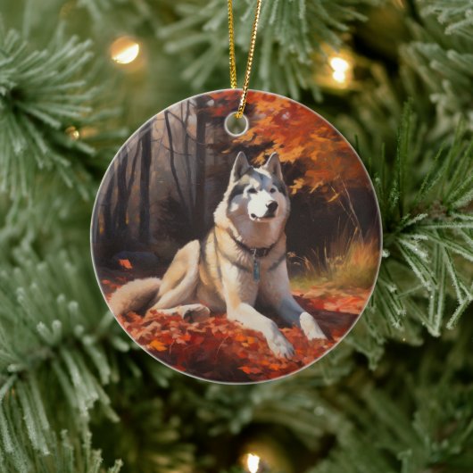 Sibirischer Husky im Herbstausfall Inspiriert Keramik Ornament (Baum)