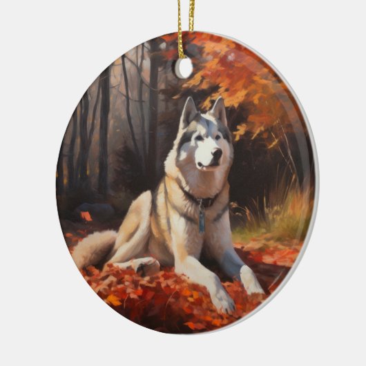 Sibirischer Husky im Herbstausfall Inspiriert Keramik Ornament (Links)