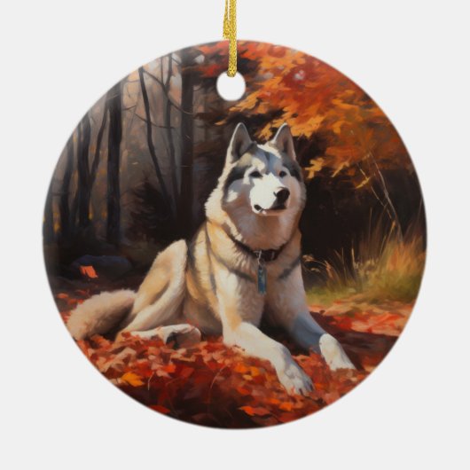 Sibirischer Husky im Herbstausfall Inspiriert Keramik Ornament (Hinten)