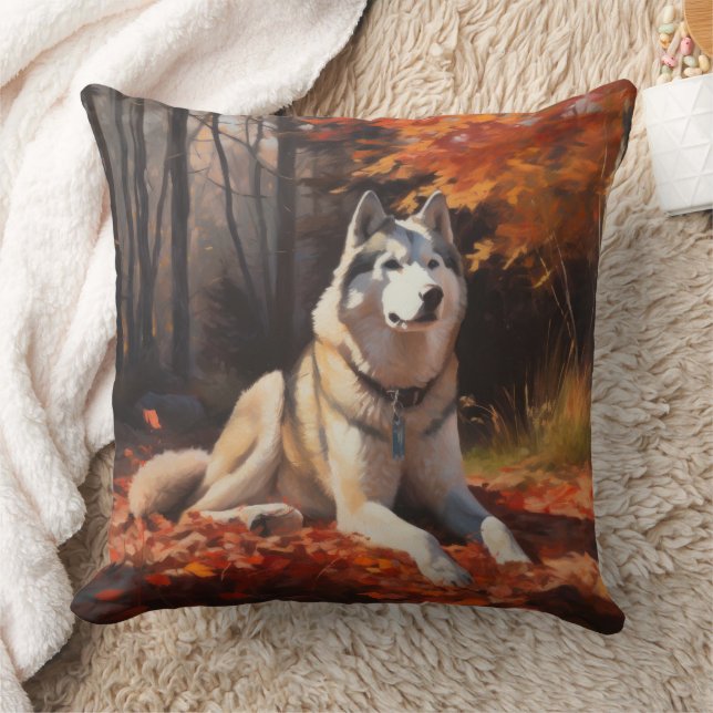 Sibirischer Husky im Herbstausfall Inspiriert Kissen (Decke)