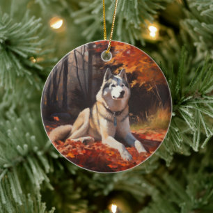 Sibirischer Husky im Herbstlaub Fall Inspiriert Keramik Ornament
