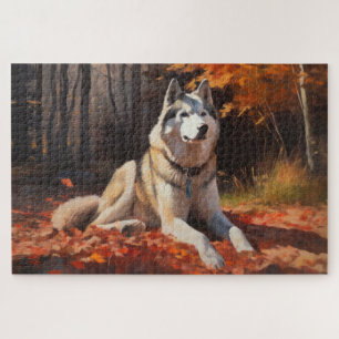 Sibirischer Husky im Herbstlaub Fall Inspiriert Puzzle