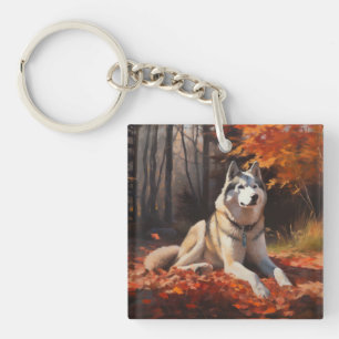 Sibirischer Husky im Herbstlaub Fall Inspiriert Schlüsselanhänger