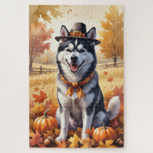 Sibirischer Husky im Herbstlaub Thanksgiving Kunst Puzzle