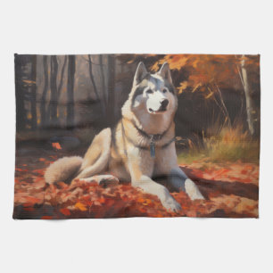 Sibirischer Husky im Herbstlaubfall inspiriert Geschirrtuch
